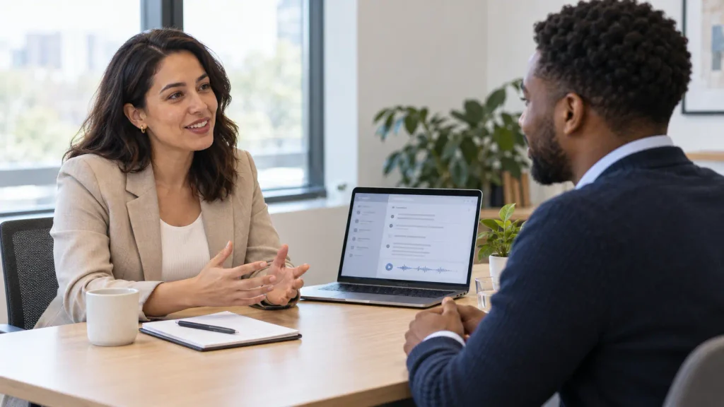 Recruiter speaking with a candidate while a laptop displays interview notes.